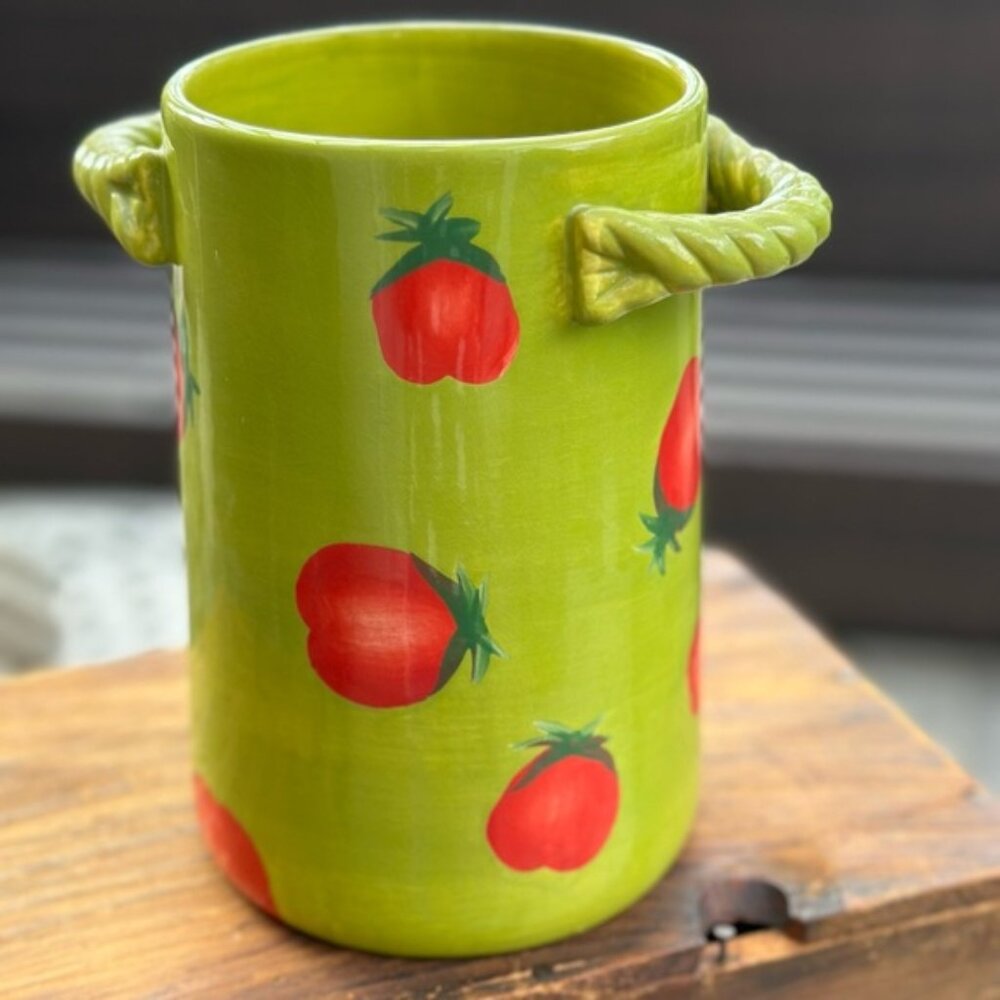 Foreside Green Ceramic Vase Utensil Holder with Red Tomato Design